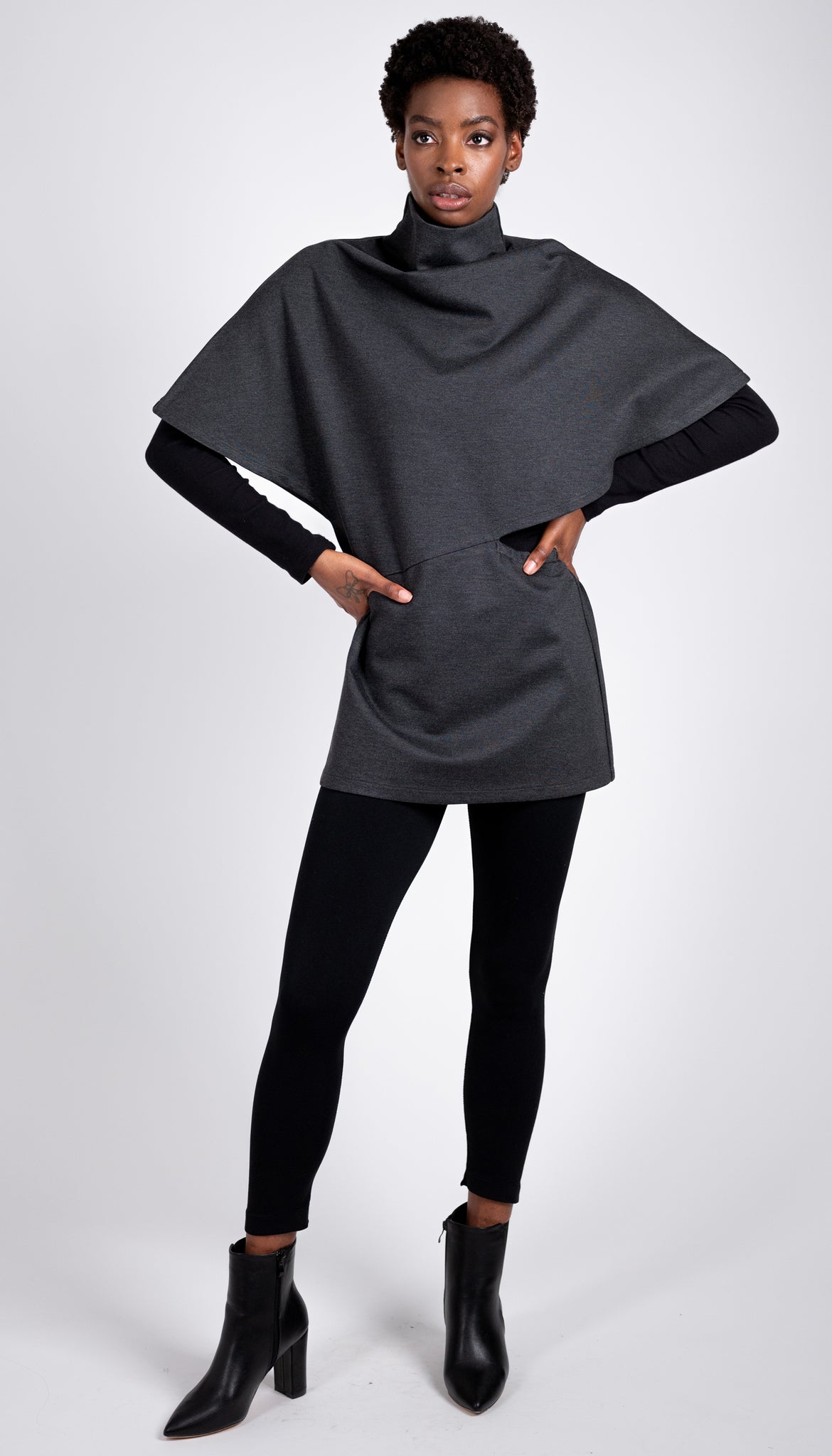 Poncho Tunic Top/ Black and Grey Ponte Knit