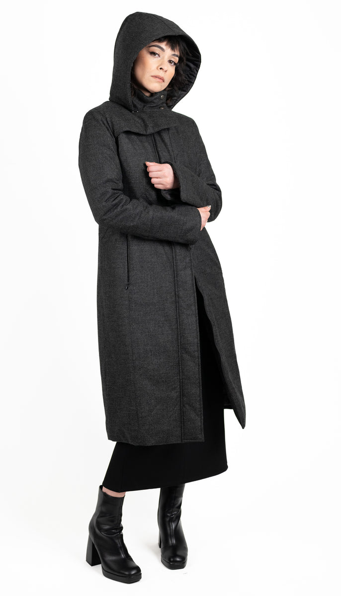 Hooded Mock Neck Zip Maxi Coat w/ Thinsulate Quilted Liner