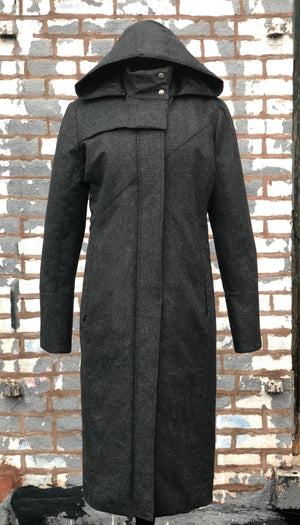 Hooded Mock Neck Zip Maxi Coat w/ Thinsulate Quilted Liner/ Charocal Storm Wool