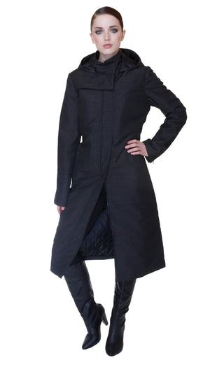 Hooded Mock Neck Zip Maxi Storm Coat w/ Thinsulate Quilted Liner *Nylon