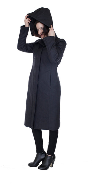 Hooded Mock Neck Zip Maxi Coat w/ Thinsulate Quilted Liner/ Charcoal Black Twill Wool Texture