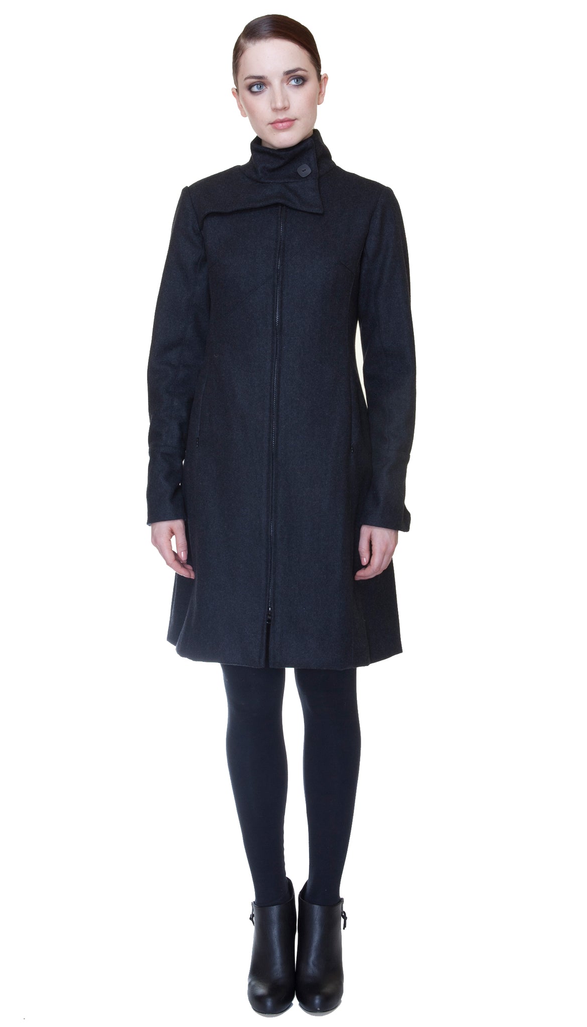 Mock Zip Wool Coat / Charcoal