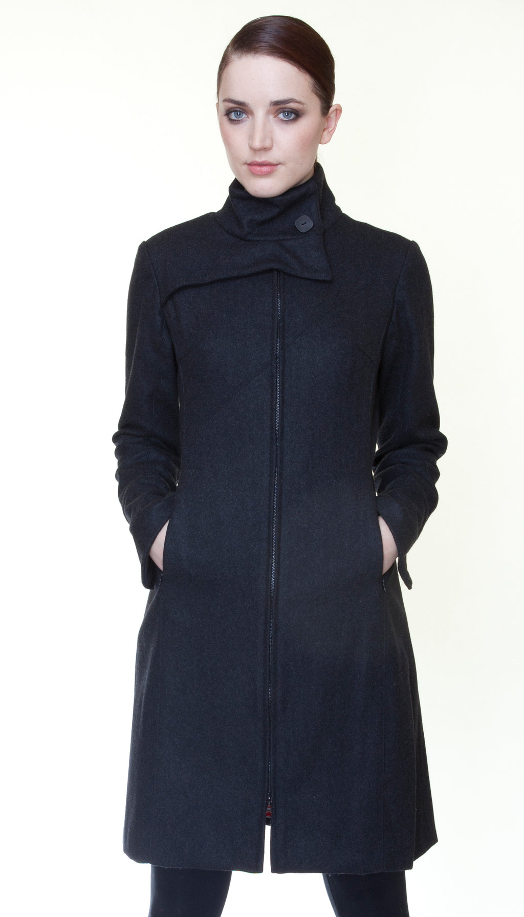 Mock Zip Wool Coat / Charcoal