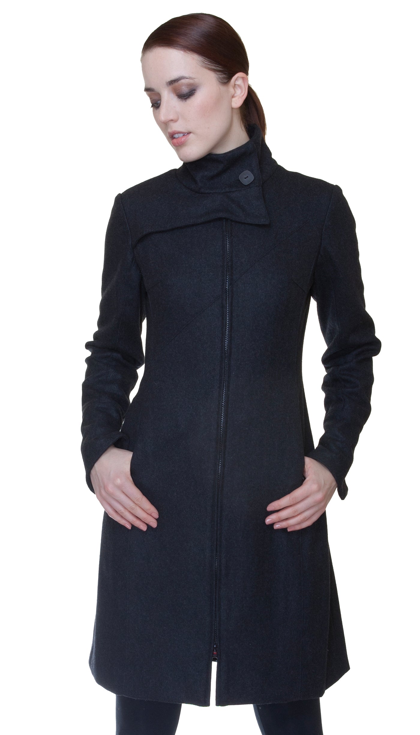 Mock Zip Wool Coat / Charcoal