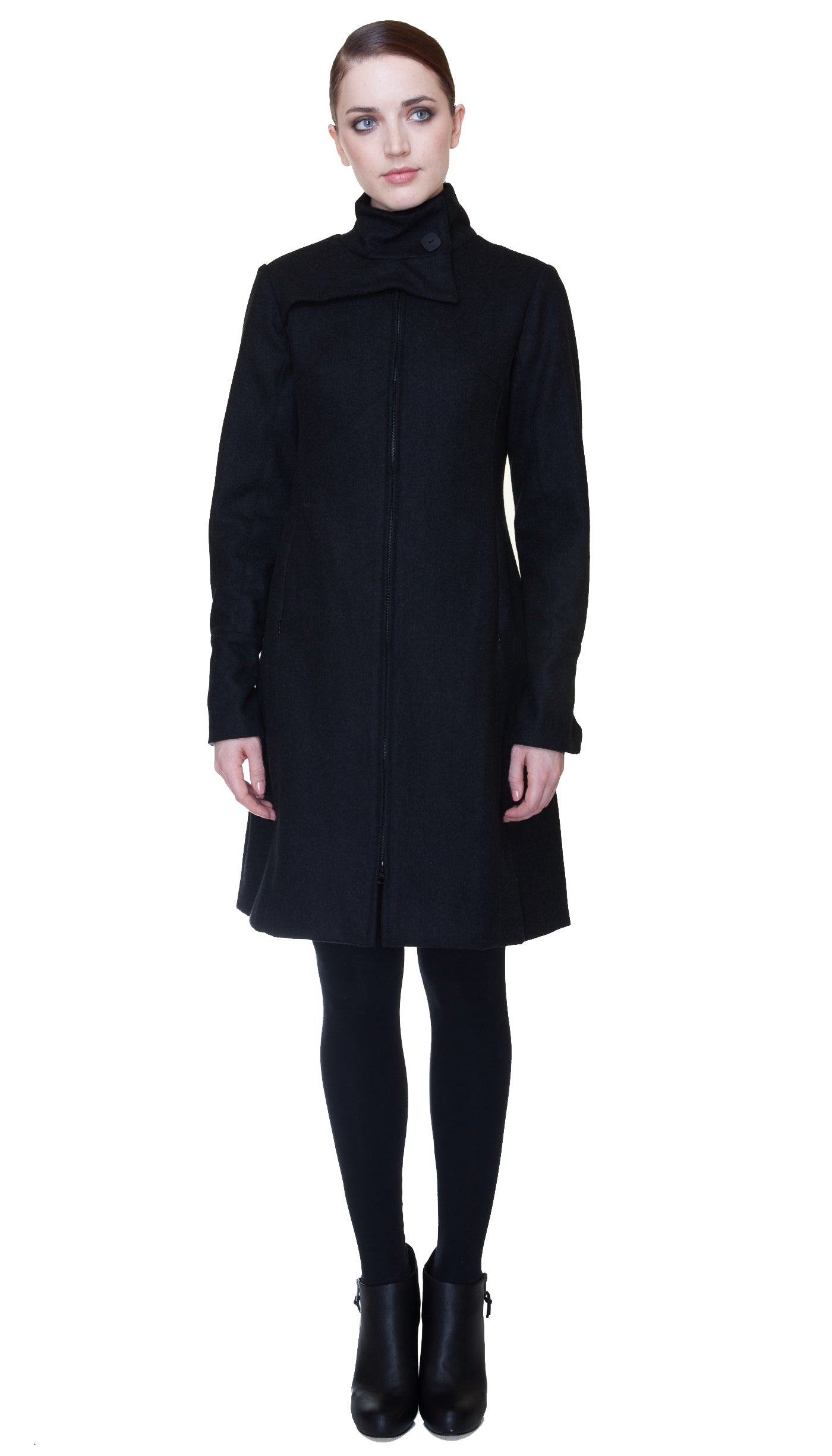 Mock Zip Wool Coat / Black