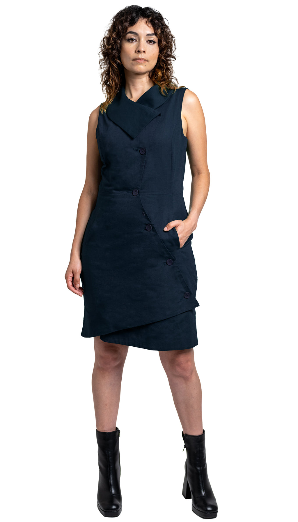 Swerve Vest Dress in Linen/ Midnight Navy