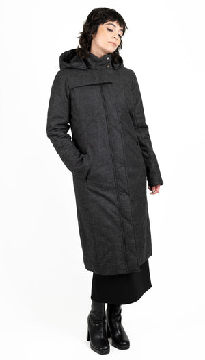 Hooded Mock Neck Zip Maxi Coat w/ Thinsulate Quilted Liner/ Charocal Storm Wool