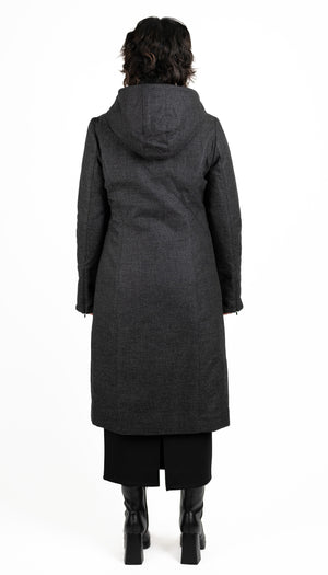 Hooded Mock Neck Zip Maxi Coat w/ Thinsulate Quilted Liner/ Charcoal Canvas Wool Texture
