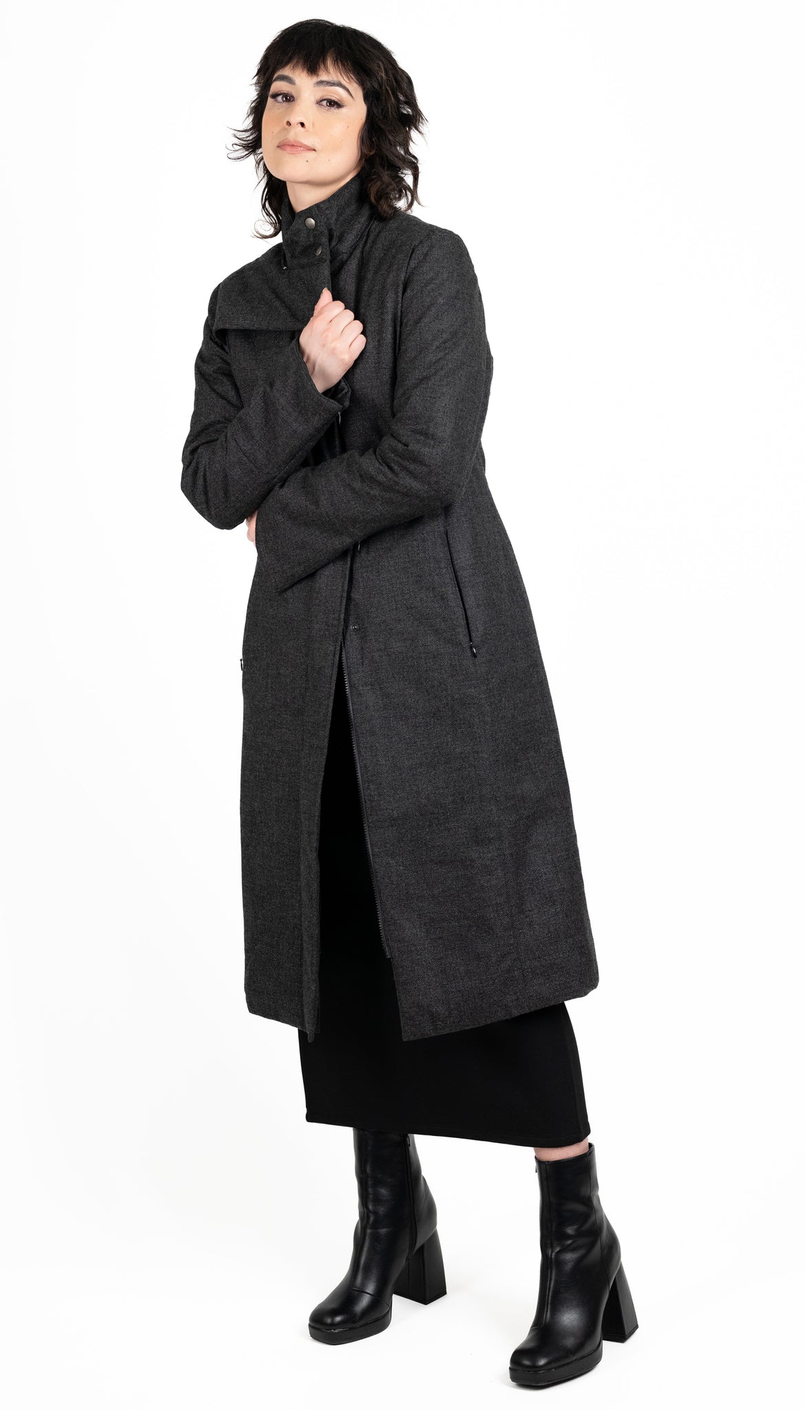 Hooded Mock Neck Zip Maxi Coat w/ Thinsulate Quilted Liner/ Charcoal Canvas Wool Texture
