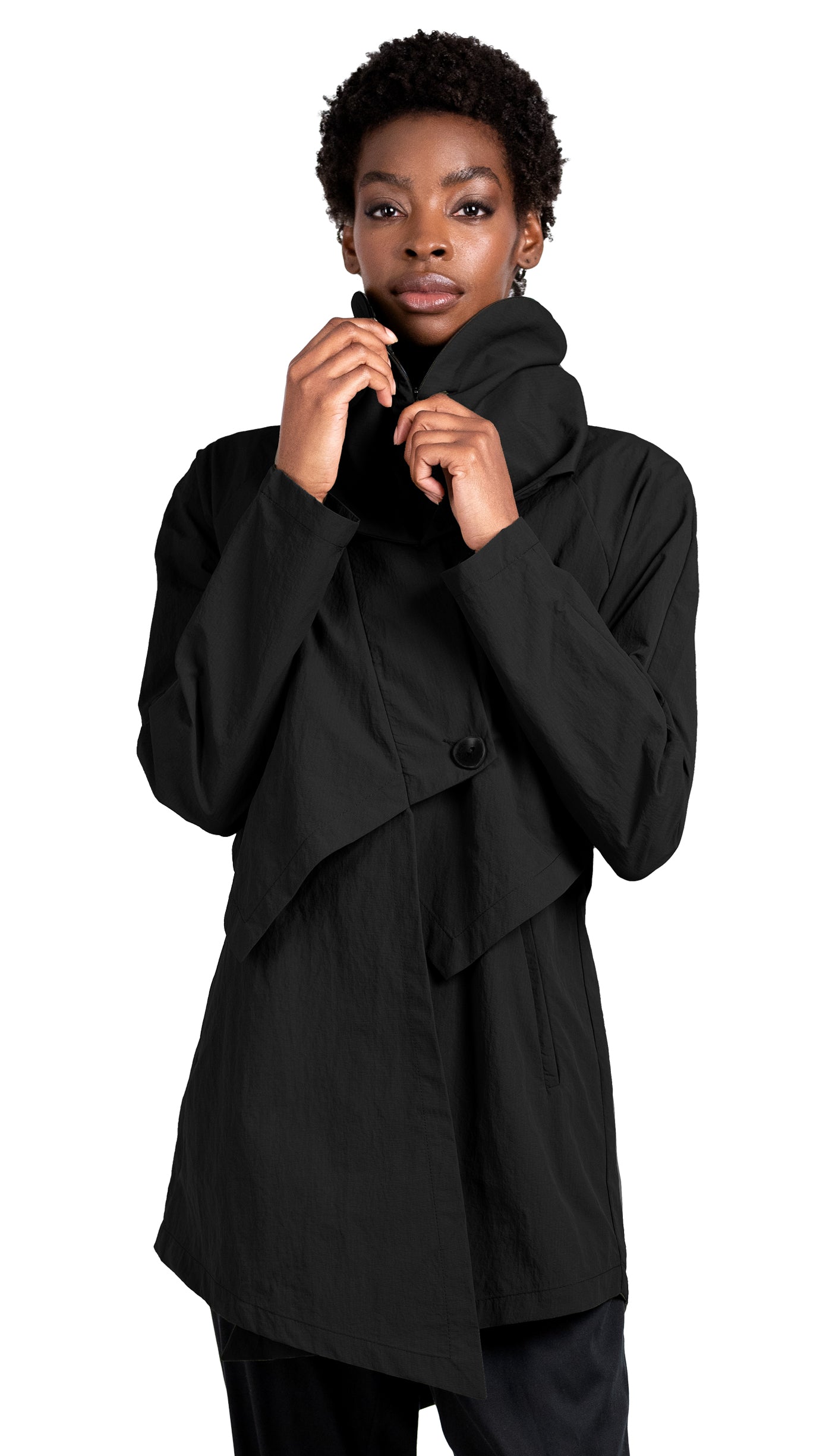Convertible Hood Asymmetrical Rain Jacket/ Black