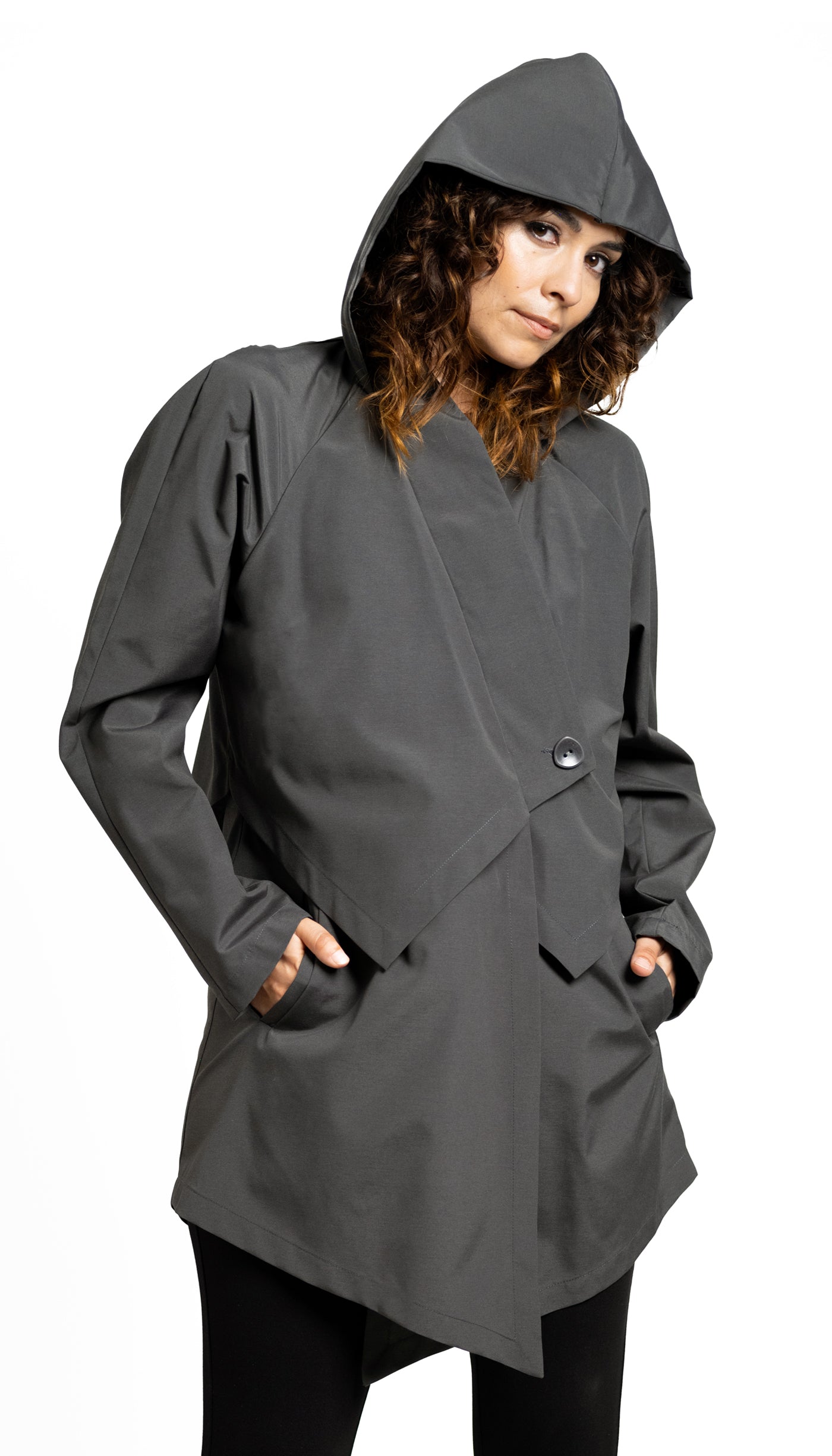 Convertible Hood Asymmetrical Rain Jacket / Grey
