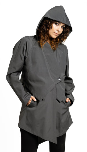 Convertible Hood Asymmetrical Rain Jacket / Grey