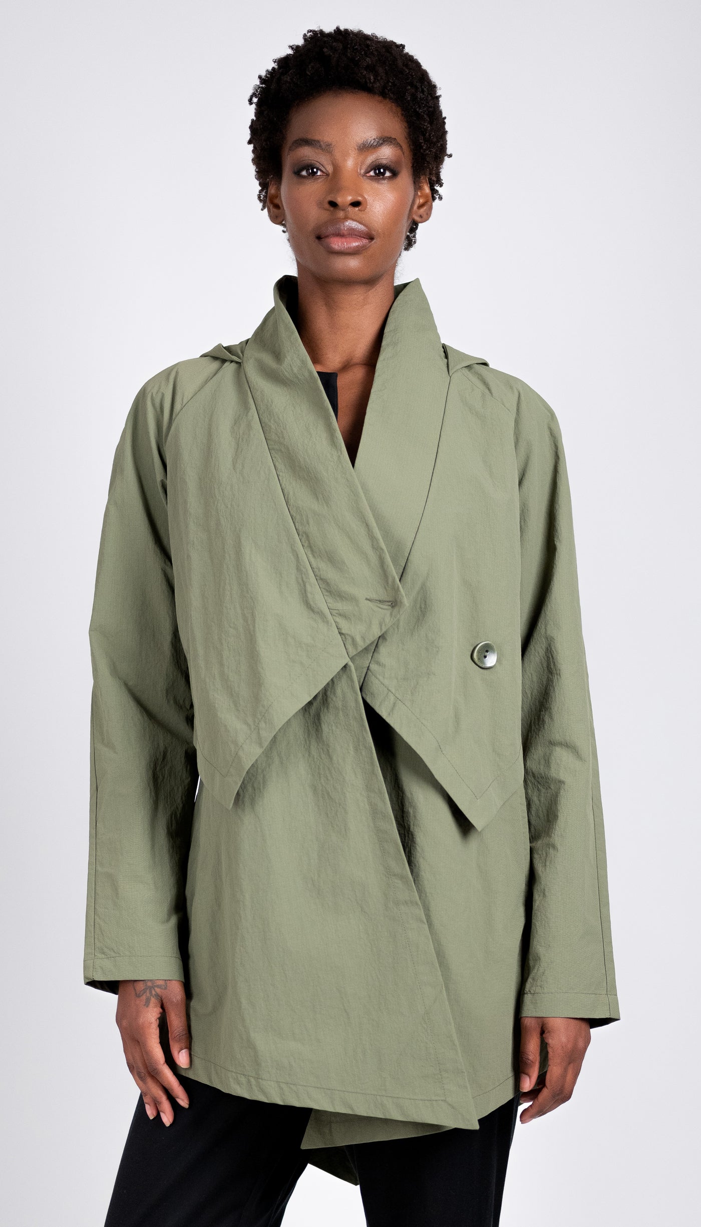 Convertible Hood Asymmetrical Rain Jacket/ Black