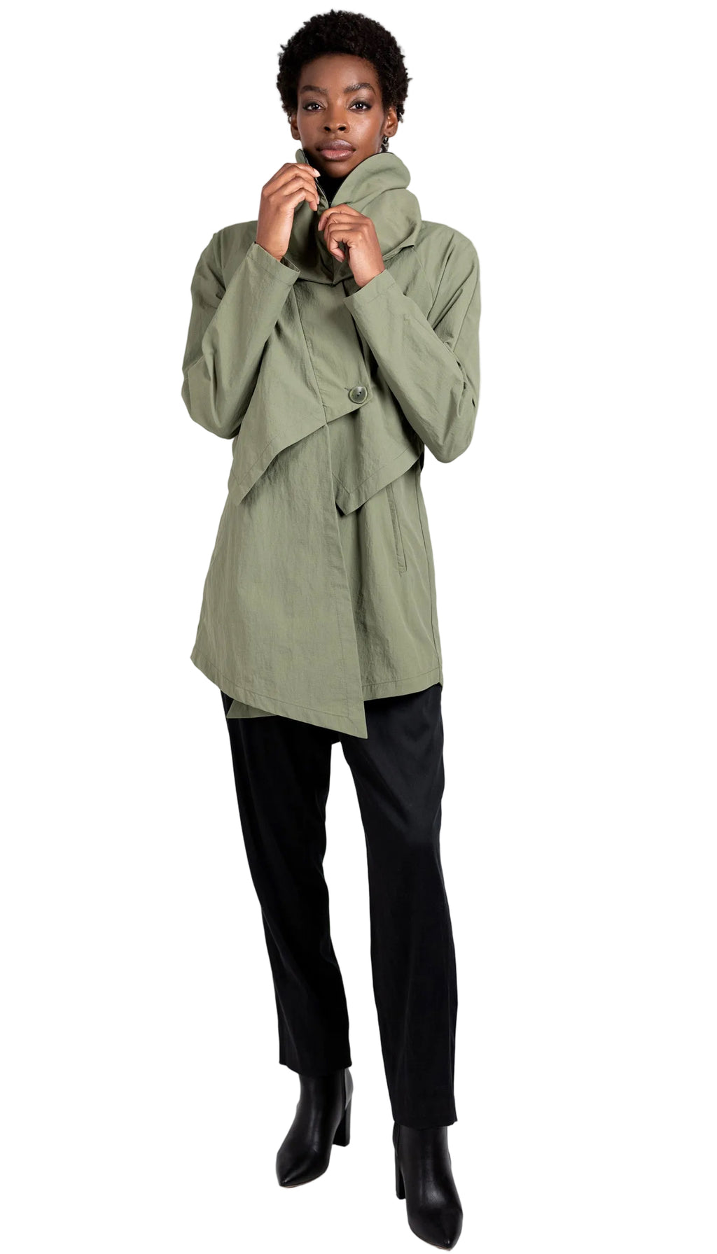 Convertible Hood Asymmetrical Rain Jacket/ Sage Green