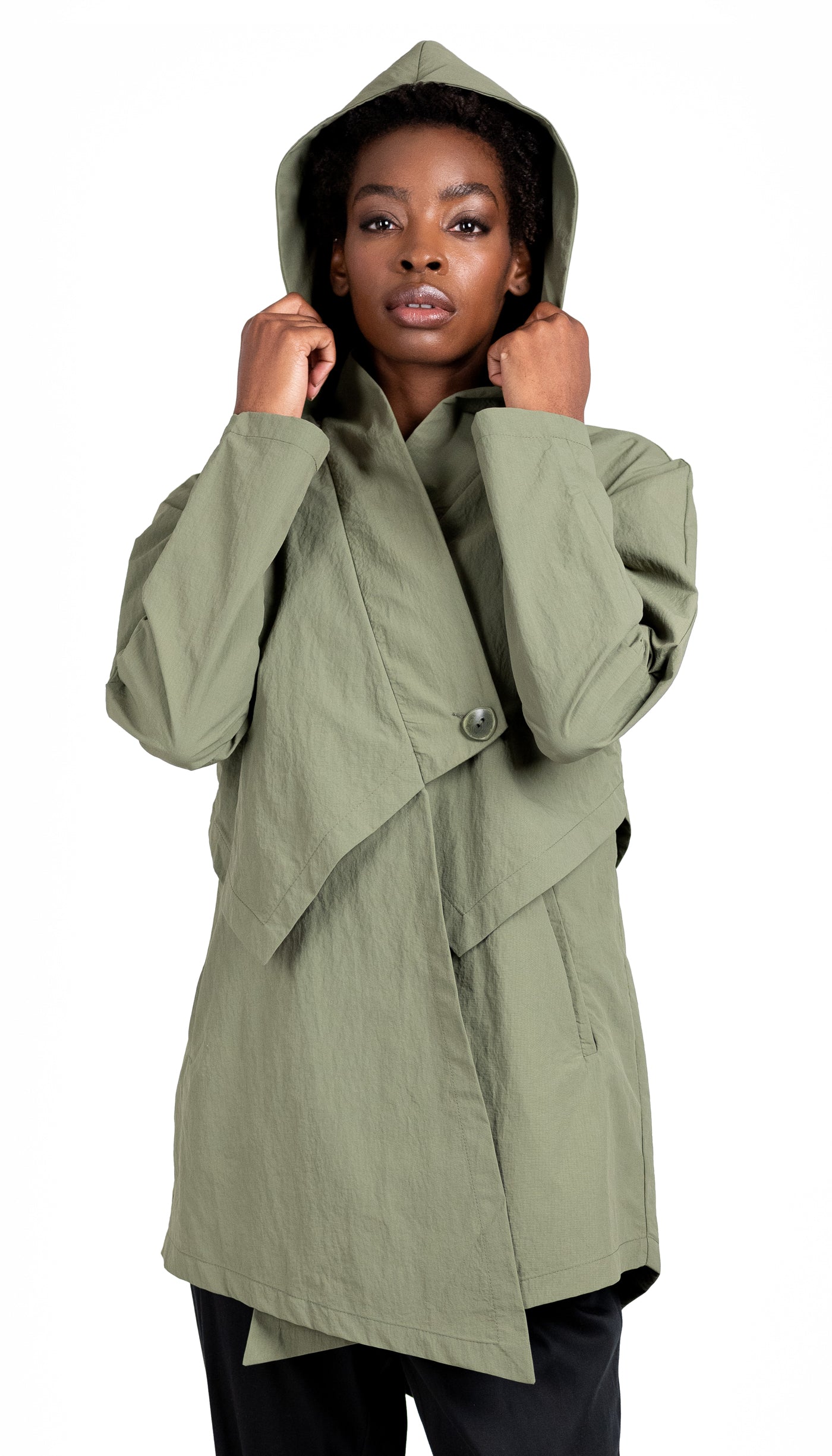 Convertible Hood Asymmetrical Rain Jacket/ Sage Green
