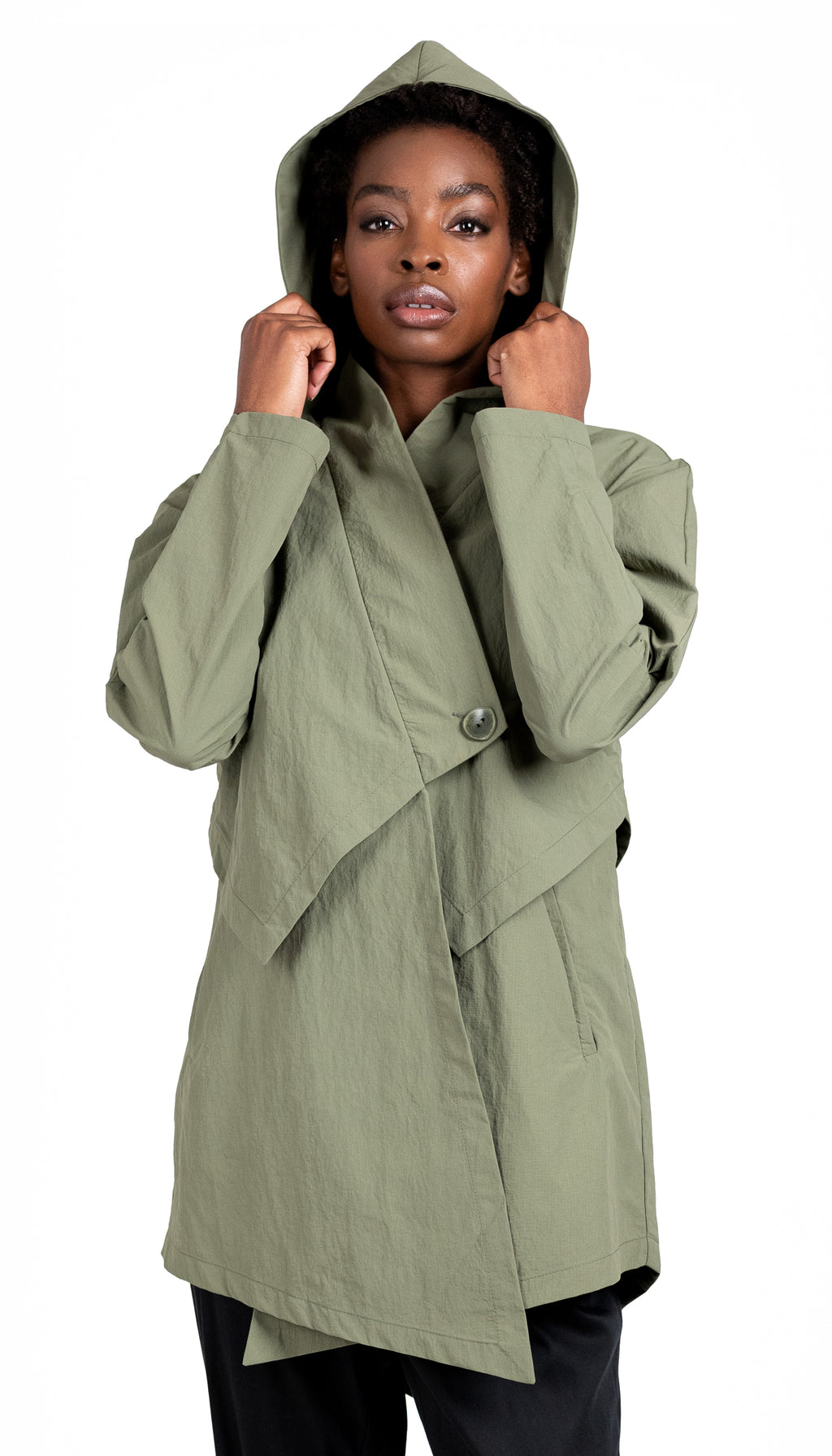 Convertible Hood Asymmetrical Rain Jacket/ Sage Green