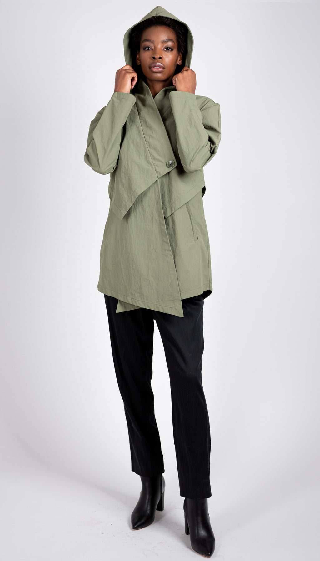 Convertible Hood Asymmetrical Rain Jacket/ Sage Green
