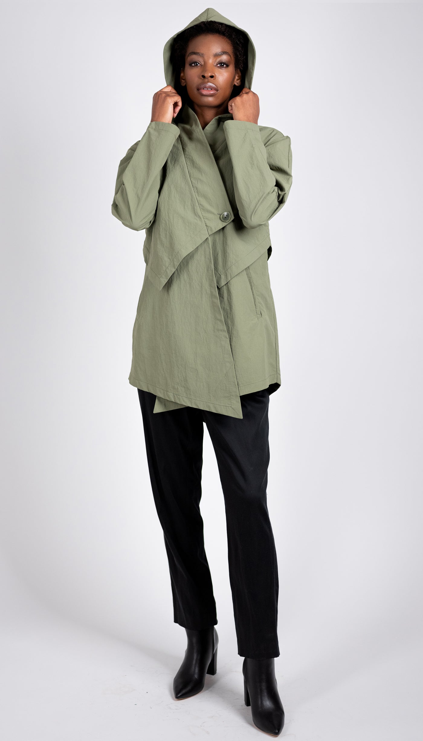 Convertible Hood Asymmetrical Rain Jacket/ Sage Green