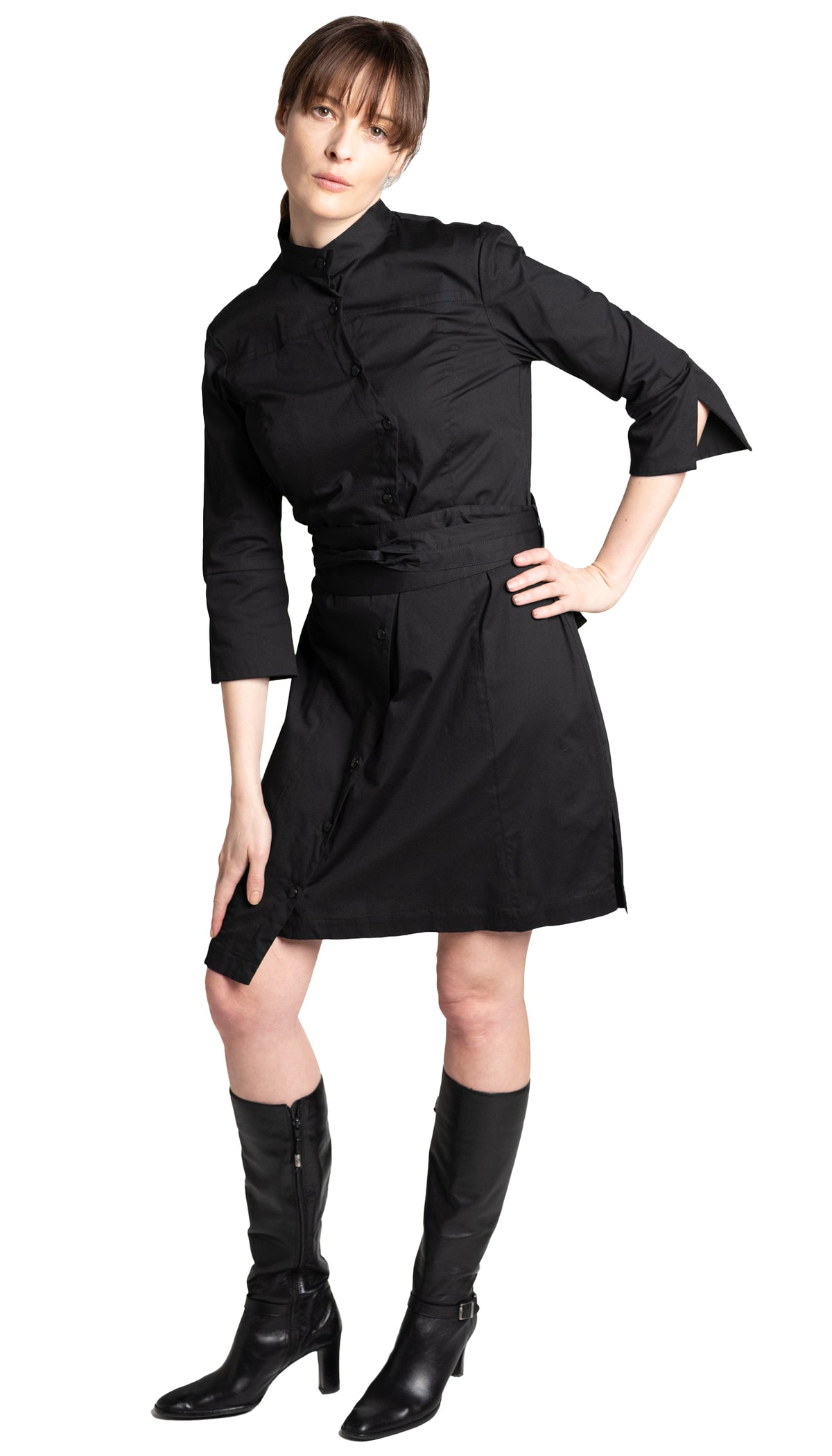 Classic Obi belt Shirtdress w/ 3/4 Sleeves / Black