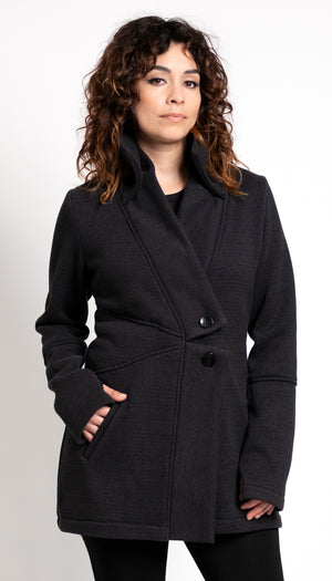 Double Collar Fleece Sweater Jacket /Ribbed Fleece/ Coal Black *Relaxed Fit