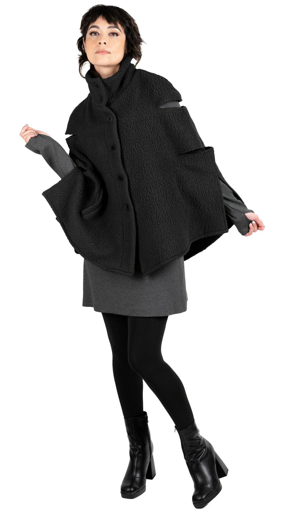 Convertible Shearling Fleece Capelet Mock Vest and Fingerless Mittens/ Black