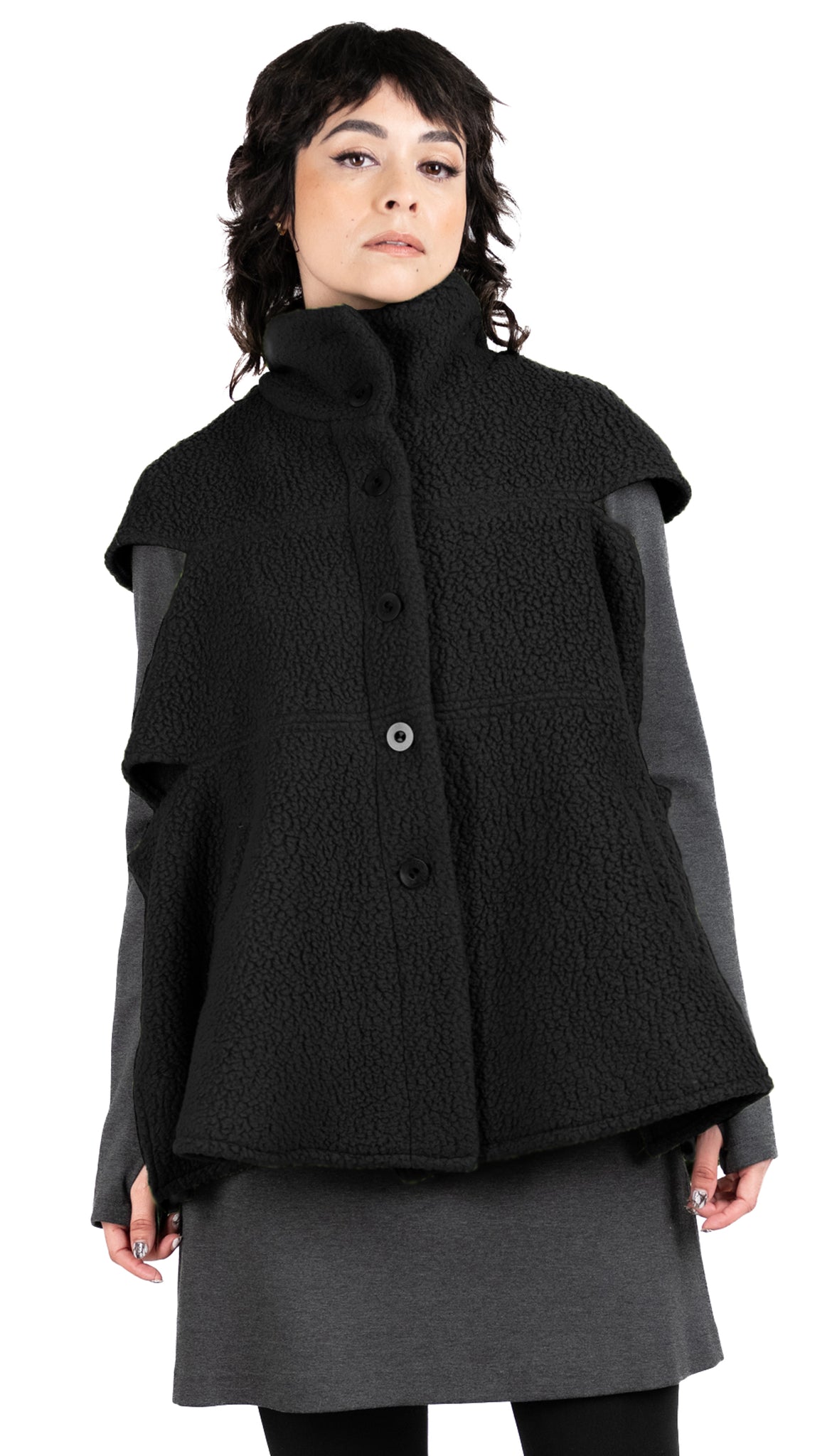Convertible Shearling Fleece Capelet Mock Vest and Fingerless Mittens/ Black