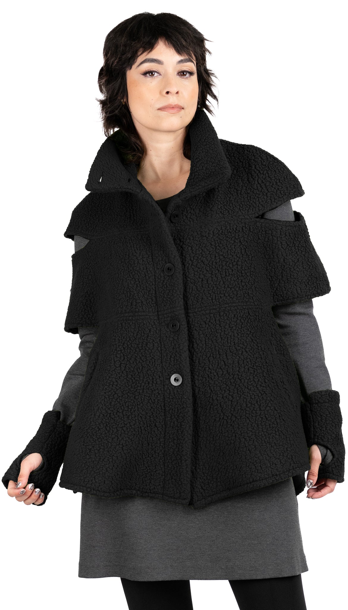 Convertible Shearling Fleece Capelet Mock Vest and Fingerless Mittens/ Black