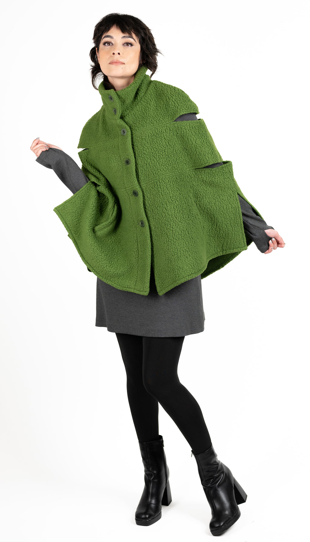 Convertible Cape/ Vest Shearling Fleece/ Avocado Green