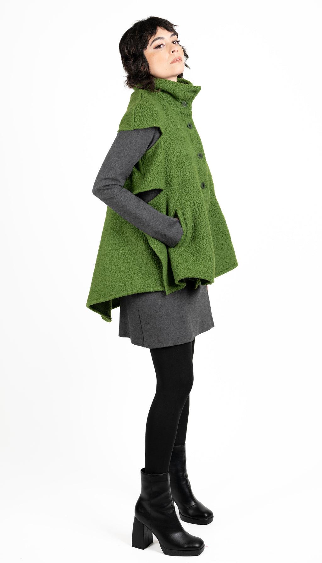 Convertible Cape/ Vest Shearling Fleece/ Avocado Green