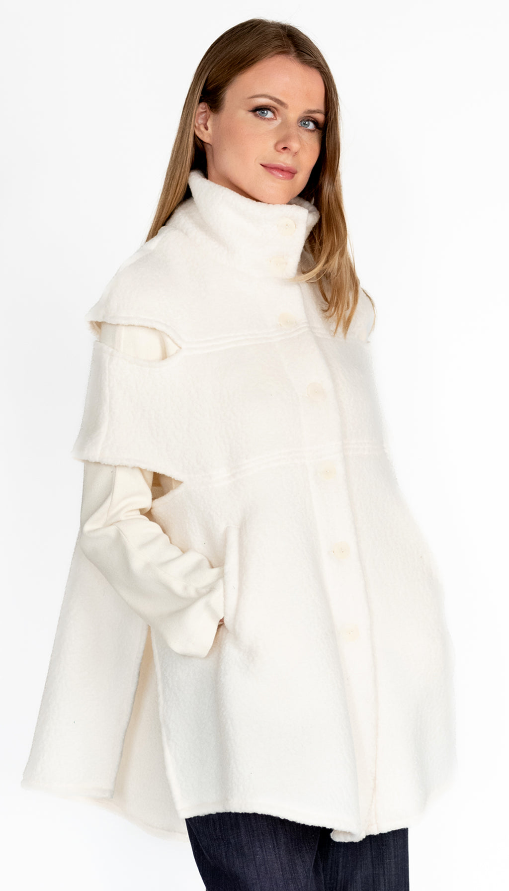 Convertible Shearling Fleece Capelet Mock Vest/ Winter White