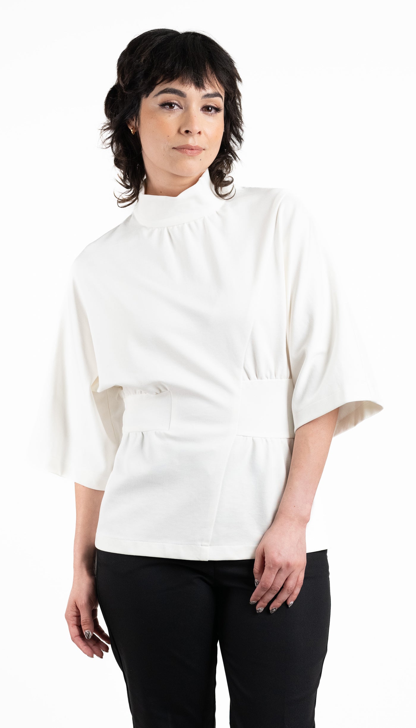 Dolman Sleeve Funnel Neck Knit Top w/Detachable Sleeve cuffs / Ivory