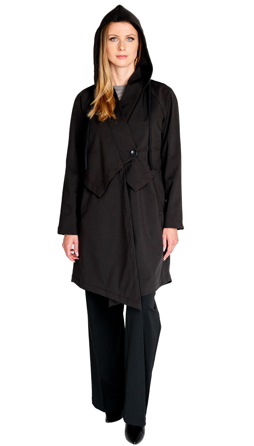 Convertible Hood Asymmetrical Rain Jacket (knee length)