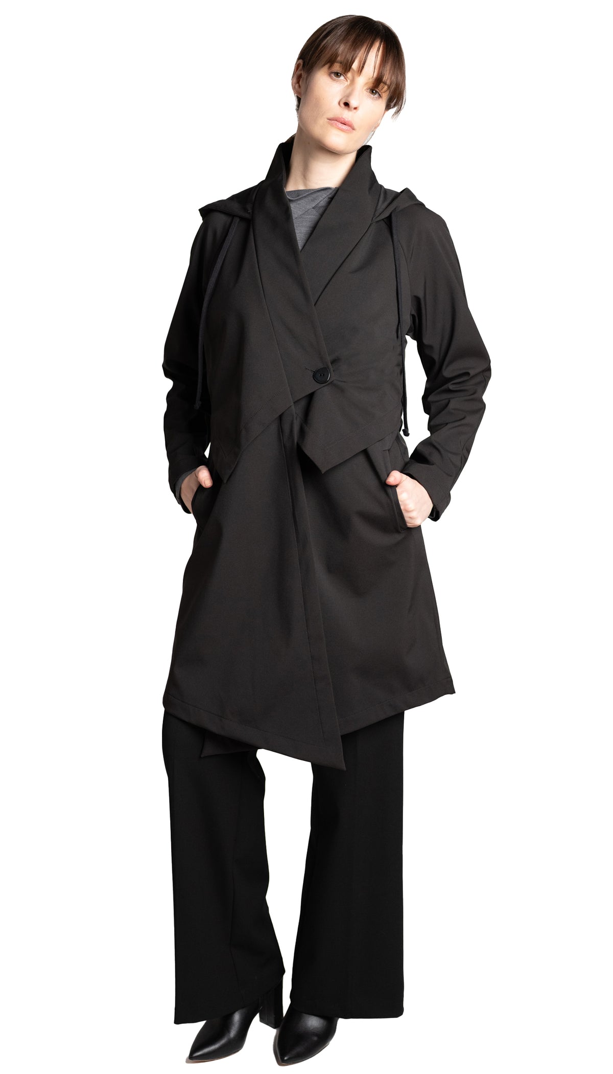 Convertible Hood Asymmetrical Rain Jacket (knee length)