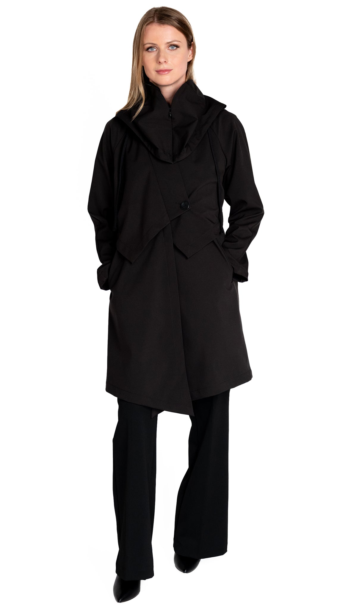 Convertible Hood Asymmetrical Rain Jacket (knee length)