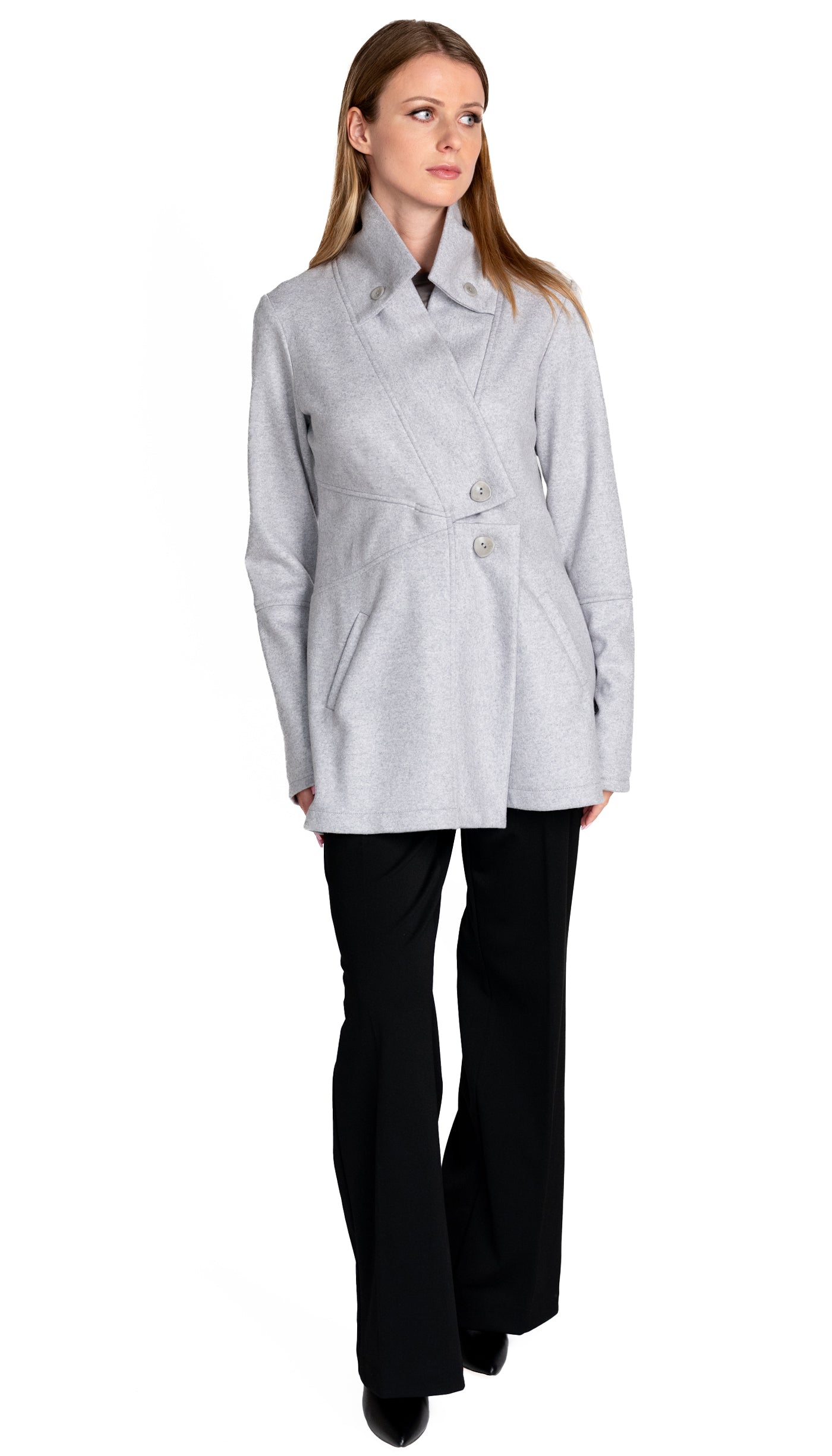 Classic Double Collar Wool Double Knit Sweater Jacket/ Cloud Grey