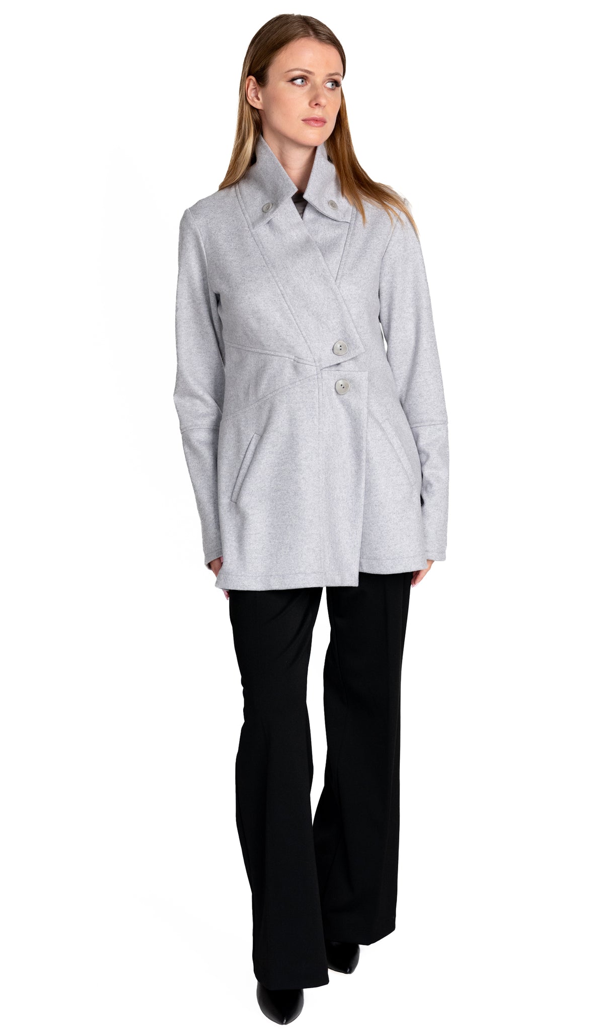 Classic Double Collar Wool Double Knit Sweater Jacket/ Cloud Grey