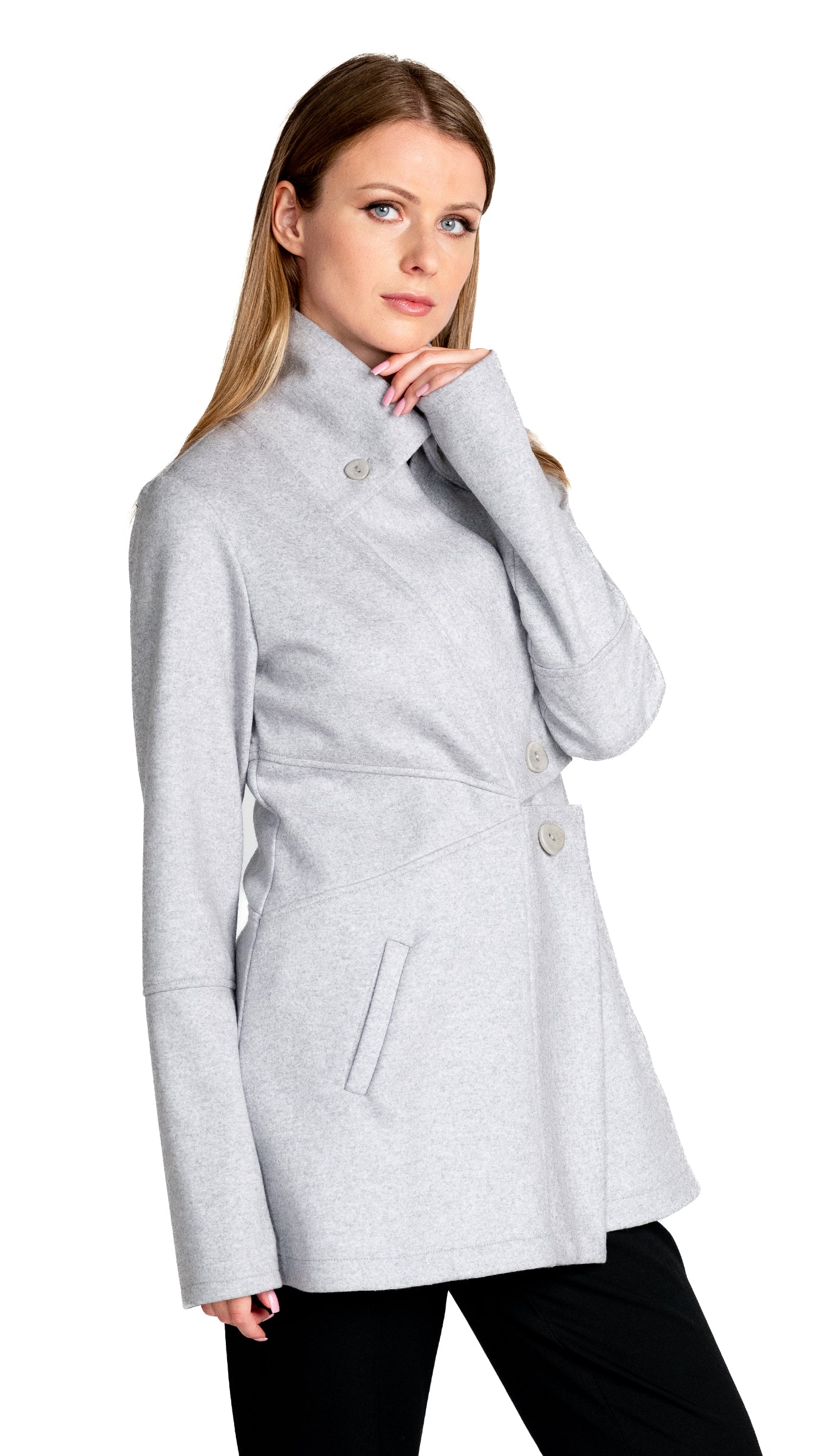 Classic Double Collar Wool Double Knit Sweater Jacket/ Cloud Grey