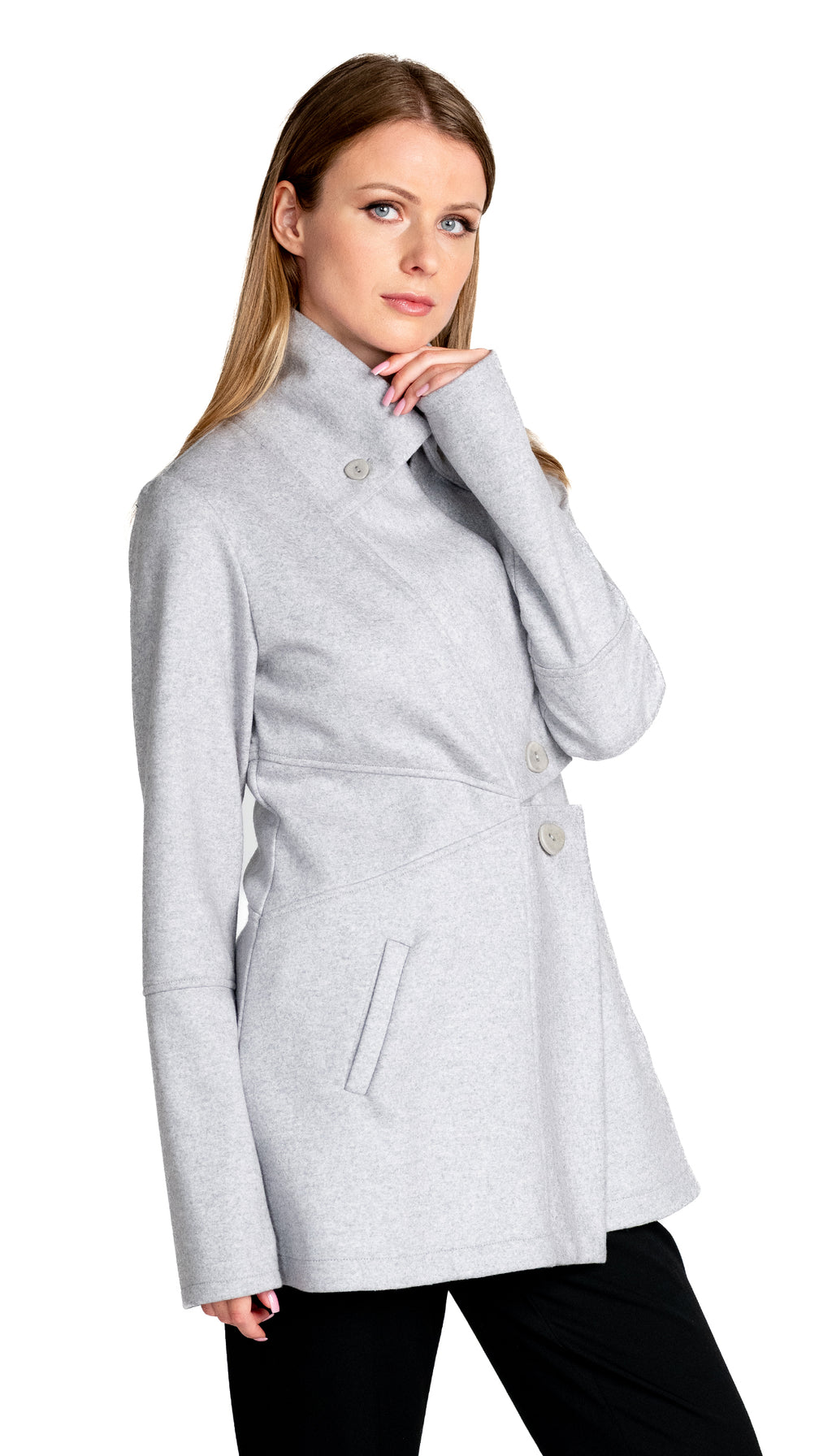 Classic Double Collar Wool Double Knit Sweater Jacket/ Ice Grey