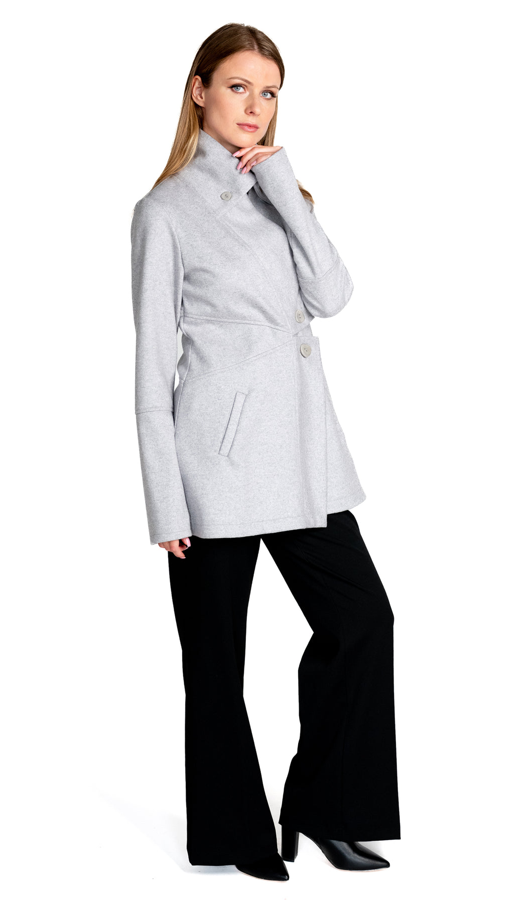 Classic Double Collar Wool Double Knit Sweater Jacket/ Cloud Grey