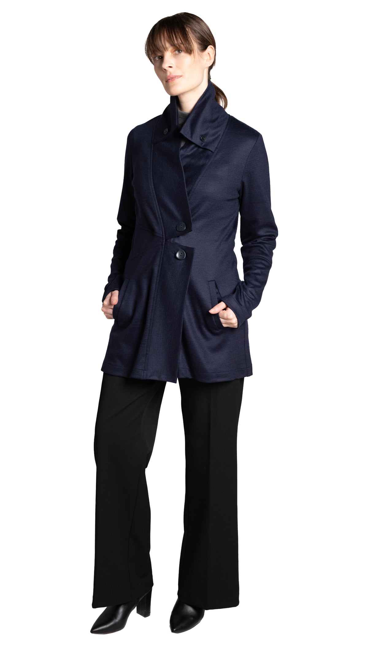 Classic Double Collar Wool Jersey Sweater Jacket/ Navy + Charcoal