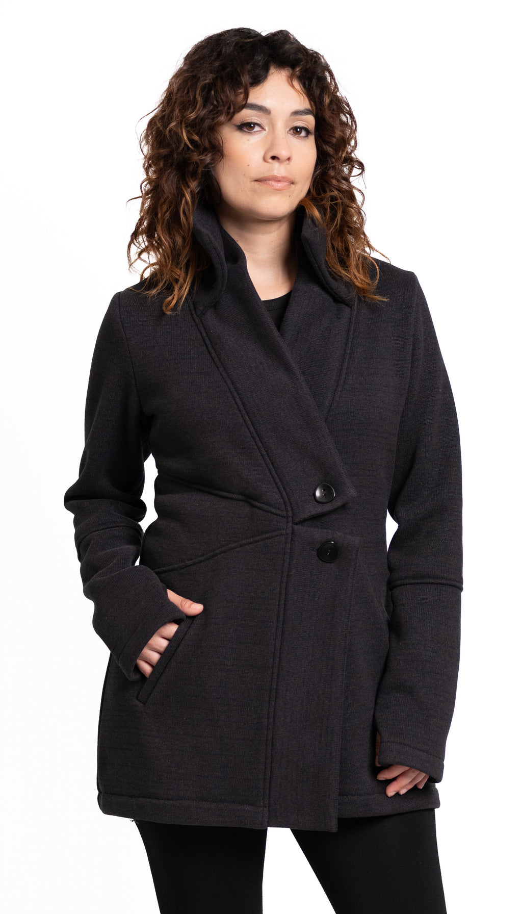 Double Collar Fleece Sweater Jacket /Ribbed Fleece/ Coal Black *Relaxed Fit