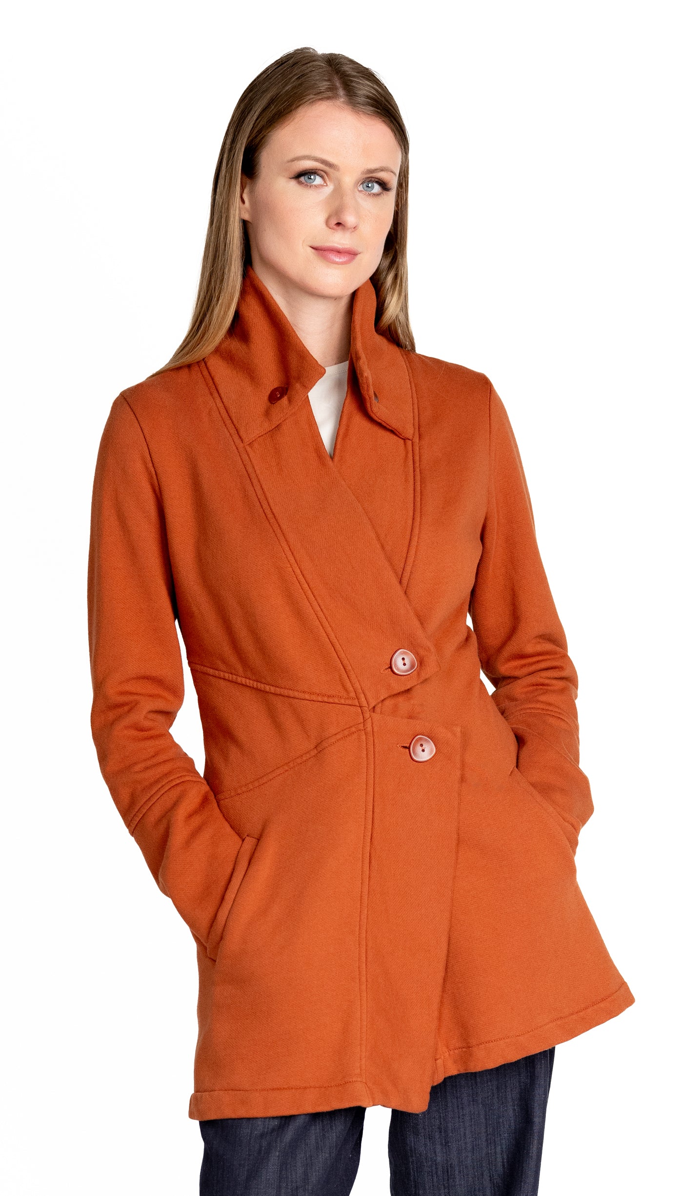 Double Collar Fleece Sweatshirt Jacket /Organic Cotton Fleece / Rust + Black