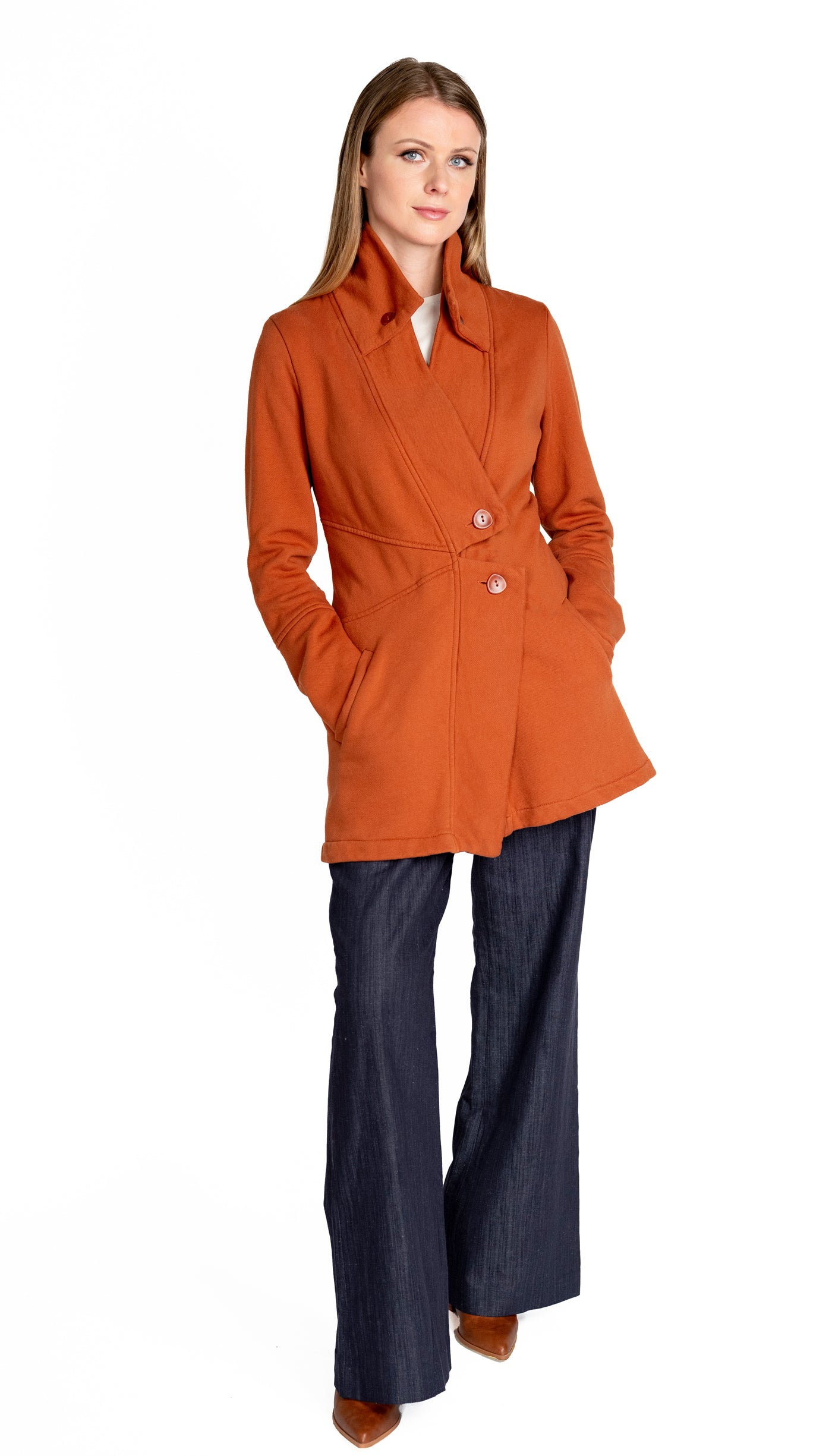 Double Collar Fleece Sweatshirt Jacket /Organic Cotton Fleece / Rust + Black