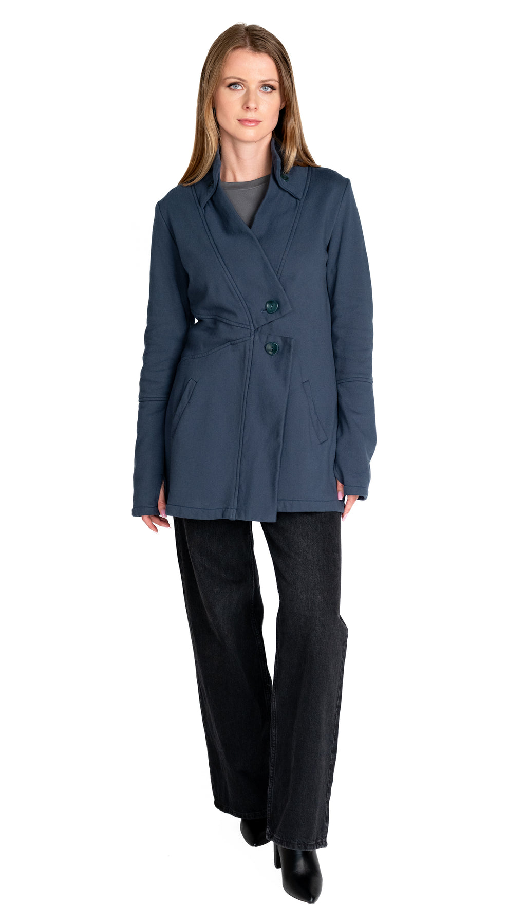 Double Collar Fleece Sweatshirt Jacket /Organic Cotton Fleece/ Ultramarine