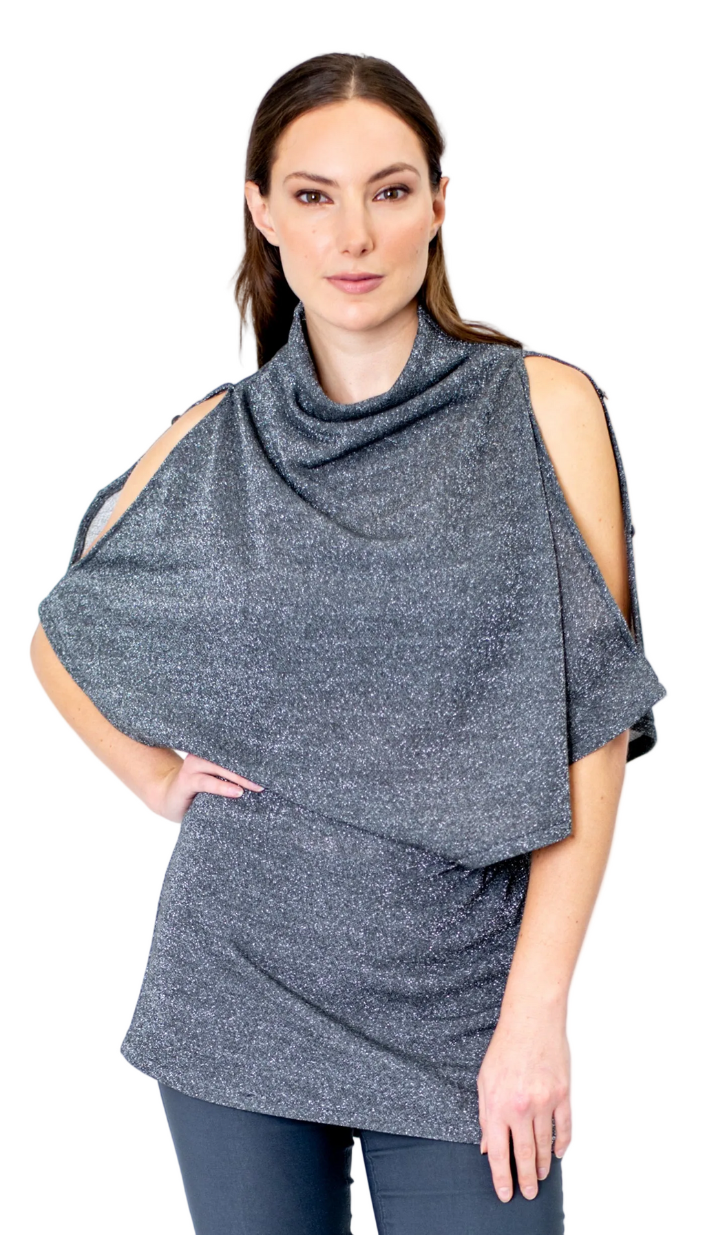 Poncho Tunic Top w/Split Shoulder / Silver Sparkle