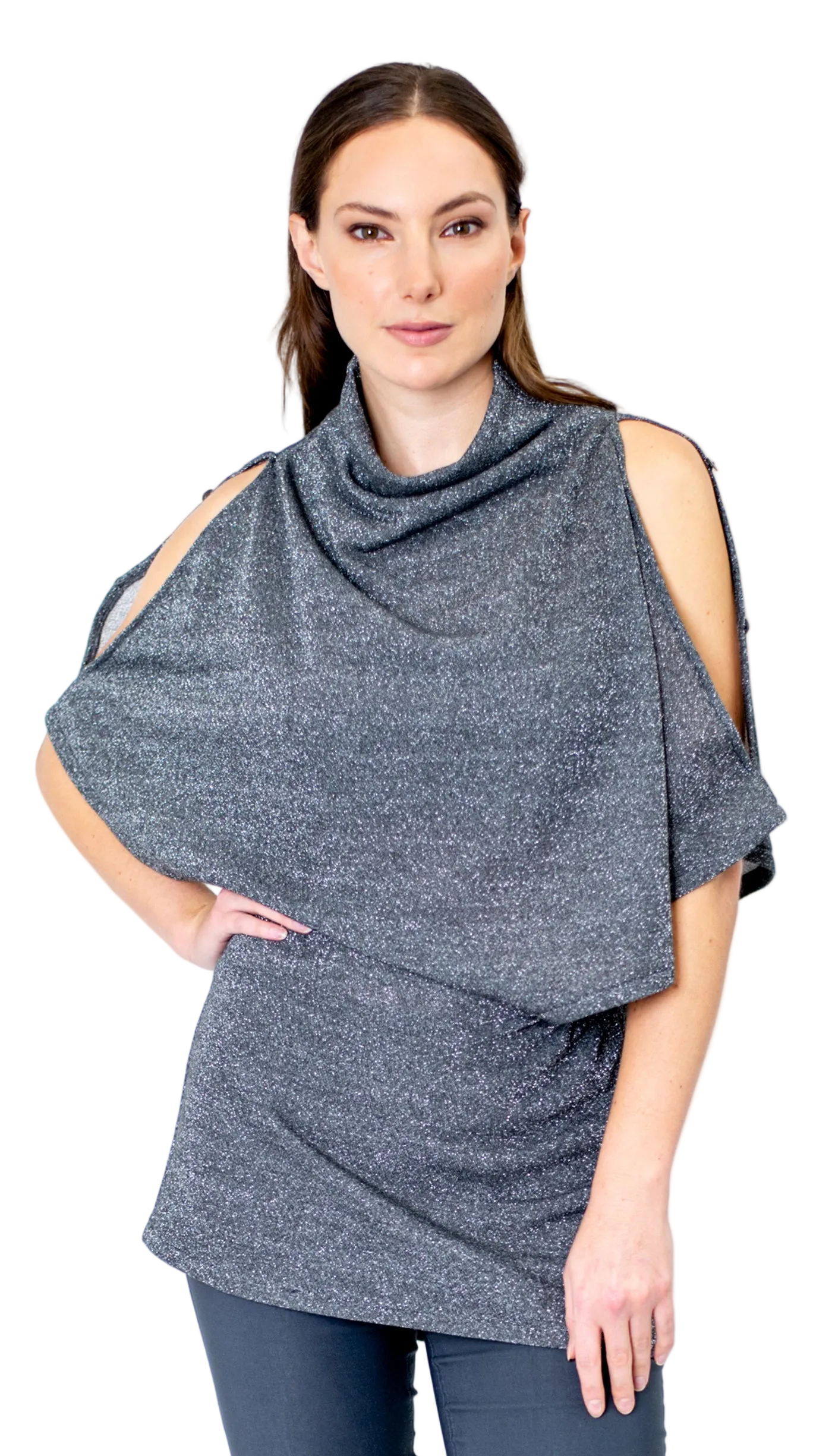 Poncho Tunic Top w/Split Shoulder / Silver Sparkle
