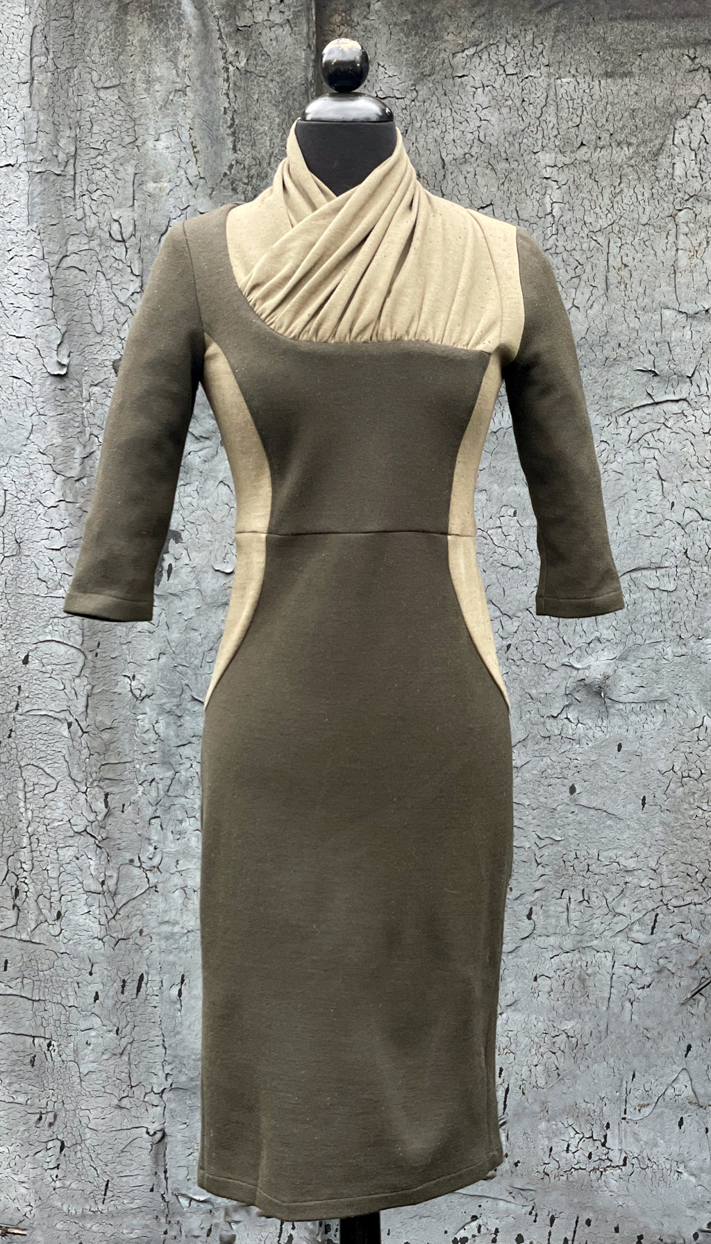 Color Block Wrap Neck Knit Dress/ Olive