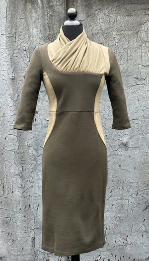 Color Block Wrap Neck Knit Dress/ Olive