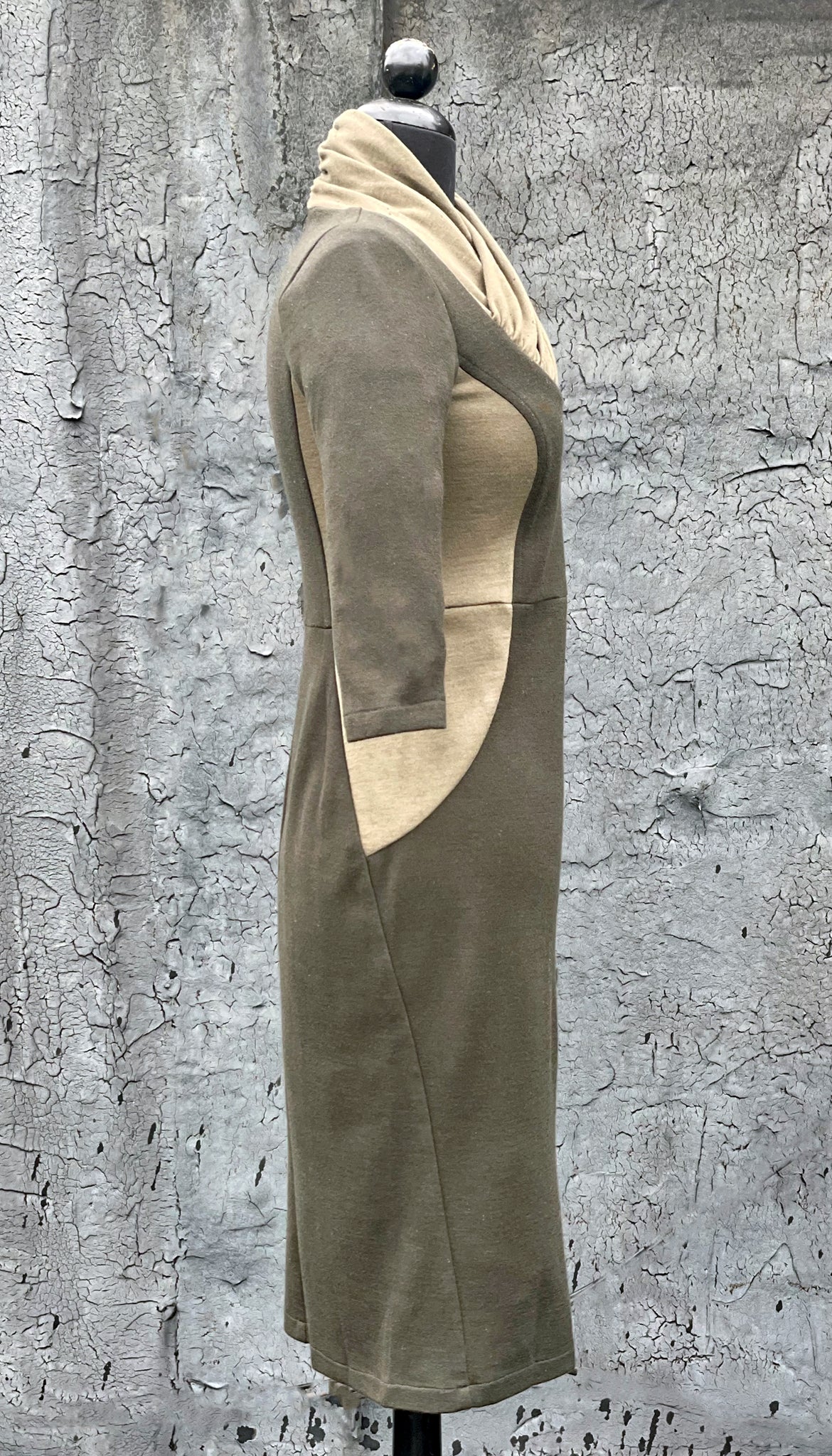Color Block Wrap Neck Knit Dress/ Olive