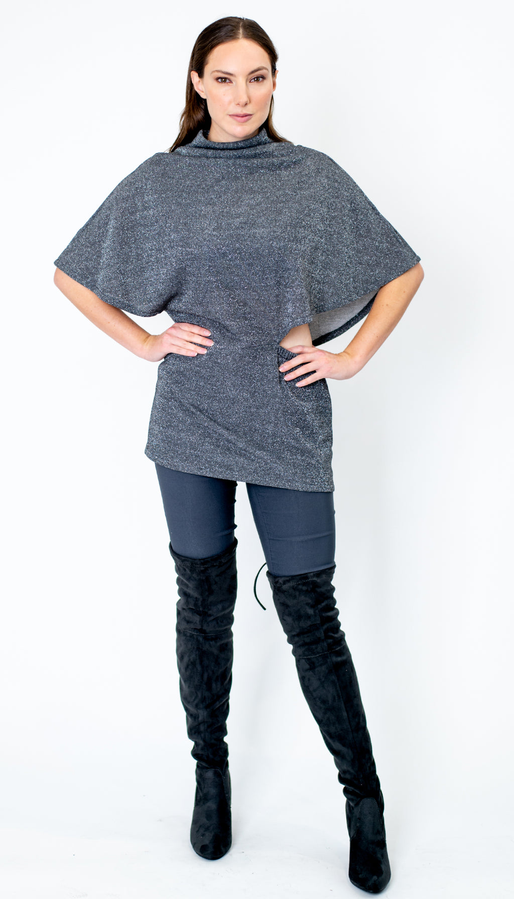 Poncho Tunic Top w/Split Shoulder / Silver Sparkle